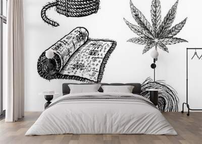 Hand drawn set with hemp leaf cannabis fiber cloth and rope. Vintage vector sketch of marijuana Wall mural