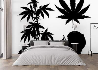 Silhouettes of hemp. Smoking person. Cannabis leaf. Vector marijuana twig Wall mural