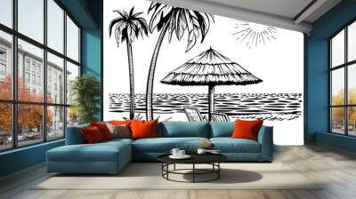 Beach view with palm, lounger and parasol, vector sketch illustration. Wall mural