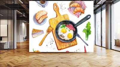 Breakfast food watercolor top view illustration. Wall mural