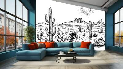 Desert western landscape sketch. Vector black and white illustration with saguaro cacti, sun, and rocks. Wall mural