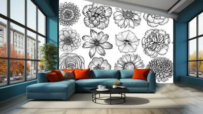 Hand drawn flowers, vector illustration. Floral vintage sketch. Wall mural