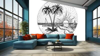 Line beach landscape with palms and sunset. Round emblem, card, tattoo or design element. Wall mural