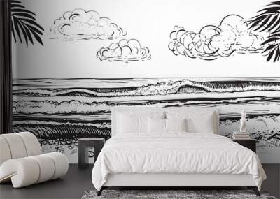 Panoramic beach view. Vector illustration of ocean or sea waves. Hand drawn. Wall mural