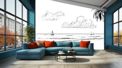 Panoramic vector beach view. Illustration with palms and parasol. Black and white handmade drawing. Wall mural