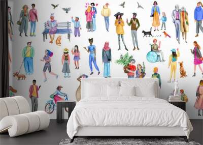 People group outdoor, watercolor sketches. Illustration of diverse stylish men and women. Wall mural