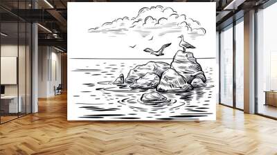 Sea sketch with rocks, seagulls, and clouds. Seascape vector scene. Hand drawn black and white landscape with transparent background. Wall mural