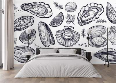 Shellfish seafood, vector hand drawn set. Oysters, mussels, scallop and other. Wall mural