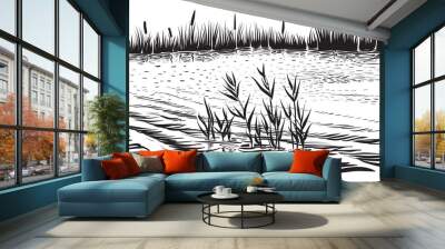 Vector illustration of river landscape with cattail and trees. Wall mural