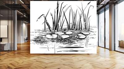 Vector illustration with reed and water lilies in the pond. Wall mural