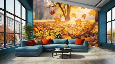 Concept fall season falling leaves copy space background. Wall mural