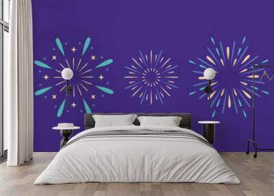 Exploding festival fireworks set Isolated on purple background. Flat style. Design concept for holiday banner, poster, flyer, greeting card, decorative elements. Happy New Year poster. Diwali card Wall mural