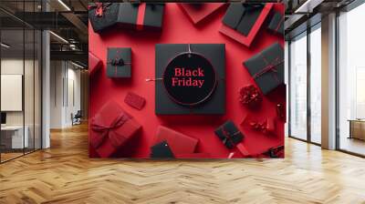 Bold black and red sale tags in a creative flat-lay, scattered among gift boxes and shopping bags, with a shiny 