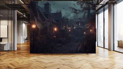 scary and dark street with spider web. halloween decoration Wall mural