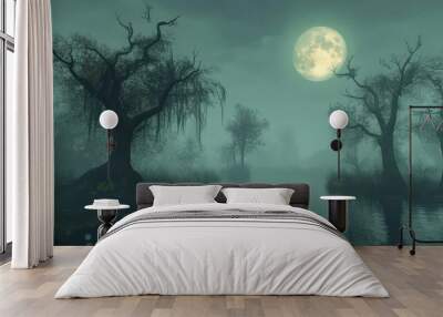 scary and spooky night in the forest with lake with pumkins. halloween illustration Wall mural