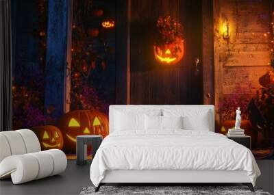 scary outside with pumpkins and lights Wall mural