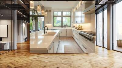 Modern Kitchen with White Cabinets and Stainless Steel Appliances Wall mural