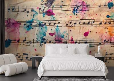 Sheet Music with a Vibrant and Colorful Musical Notes Pattern Wall mural