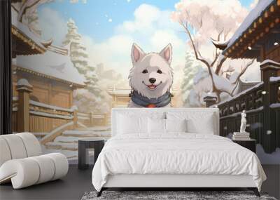 A white dog in winter style, at ancient garden, with snow, Japanese anime art, cartoon character, cute, adorable Wall mural