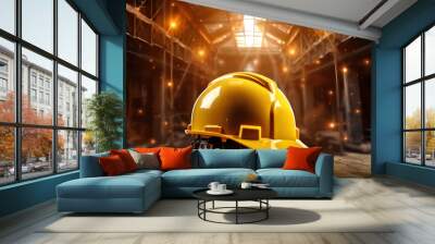 Yellow Hard Hat on the Construction Roller. Heavy Equipment Operation Safety. Industrial Theme Wall mural