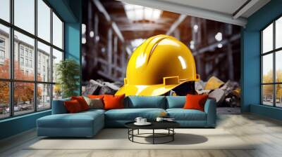 Yellow Hard Hat on the Construction Roller. Heavy Equipment Operation Safety. Industrial Theme Wall mural