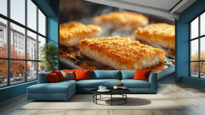 Air fryer cooking breaded fish fillets with a crunchy coating Wall mural