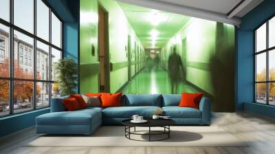 A dimly lit hallway with a mysterious ambiance, featuring blurred figures in motion, creating an eerie and suspenseful atmosphere. Wall mural