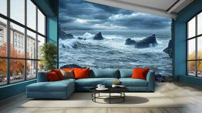 A dramatic seascape featuring turbulent waves crashing against rugged cliffs under a moody sky. Wall mural