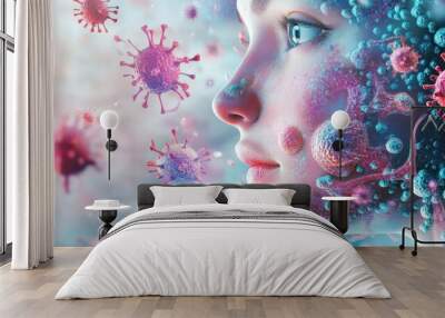 A surreal close-up of a woman surrounded by colorful virus particles, blending art and science in an imaginative depiction. Wall mural