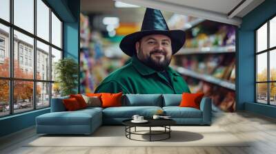 Portrait of plus-sized stock or grocery male clerk wearing a green uniform and witch hat in a supermarket for halloween. Wall mural