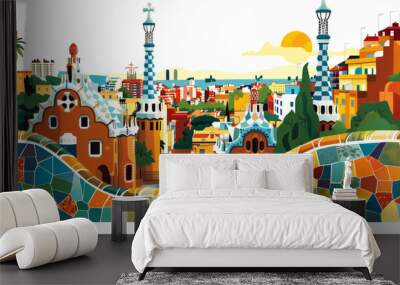 vector illustration of Park guell in Barcelona with a cityscape in the background, colorful mosaic tiles, cubism, isolated on a white background Wall mural