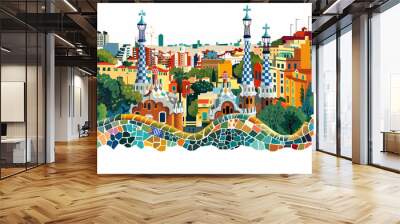 vector illustration of Park guell in Barcelona with a cityscape in the background, colorful mosaic tiles, cubism, isolated on a white background Wall mural