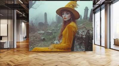 Vintage film still of a beautiful witch in a mustard velvet dress and hat, sitting on a tombstone in a foggy graveyard. Wall mural