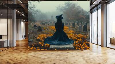 Vintage film still of a witch in a blue velvet dress and hat, sitting on a tombstone in a foggy graveyard surrounded by yellow flowers Wall mural