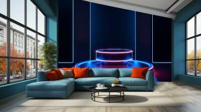 Modern round podium, futuristic with red blue neon illumination light tech. Generative AI Wall mural