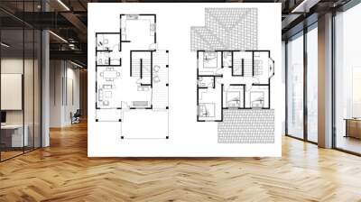 2D CAD 2 story house layout plan drawing with 3 bedrooms complete with 2 bathrooms, balcony, furniture, kitchen, living room and family area. Drawing produced in black and white. 
 Wall mural