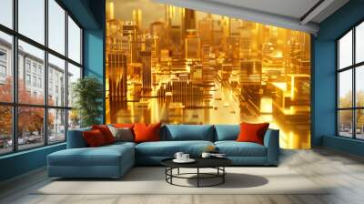 3D model of a golden metropolis with many skyscrapers. The reflection of the nearest building can be seen on the surface of the building. Wall mural