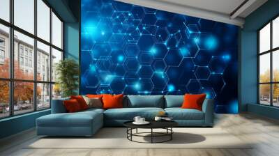 A blue background with a pattern of hexagons and dots.  Wall mural