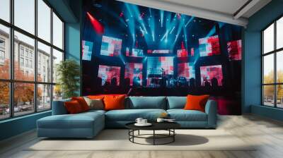 A concert stage with LED panels with red, blue and white geometric graphic art on the screens and a microphone in the center.  Wall mural