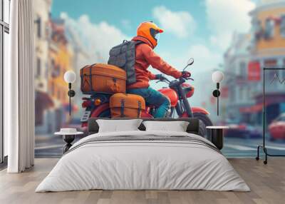 A courier of food or goods is heading to the destination by riding a motorbike. 3d cartoon style image. Wall mural