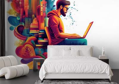 A creative designer sitting on a chair and working with their laptop, surrounded by colorful ideas in a digital illustration style. Wall mural