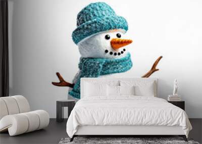 A cute snowman is isolated on white background. A long sharp nose and a happy smile. Wearing a hat and scarf. Wall mural