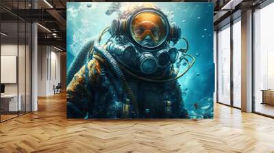 a deep sea diver is diving on the sea floor. using modern technology diving suits. thick body armor  Wall mural