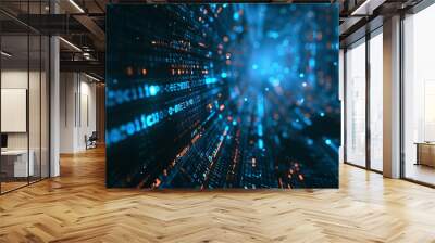 A futuristic digital background with elements of data technology and cyber security, such as holographic interfaces or binary code.  Wall mural