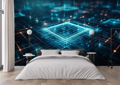 
A futuristic presentation background with a dark blue and black color scheme, featuring a 3D abstract geometric shape in the center, with a glowing neon outline Wall mural