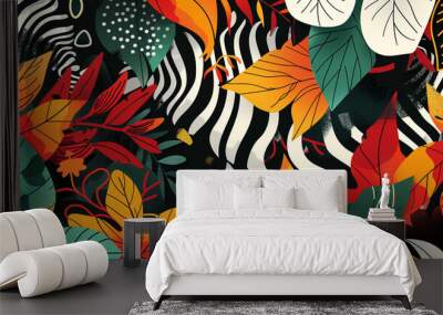 A graphic illustration design for background, wallpaper, or cover with bold colors and shapes of a jungle theme. Wall mural