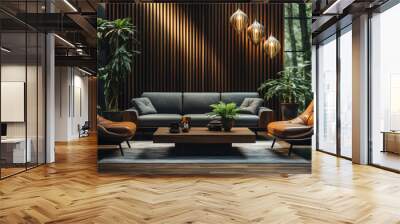 A luxury living room with vertical wooden slats on the back wall. Decorated with neon lights integrated with wall design, wall lights and indoor plants.
 Wall mural