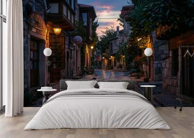 A narrow cobblestone street with old buildings along it. A quiet dusk. Wall mural