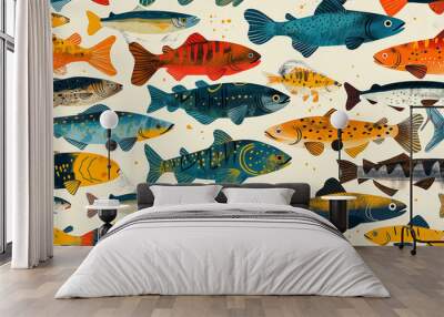 A poster design shows lots of vibrant colorful fish in various colors. In the style of pattern-based painting. Wall mural