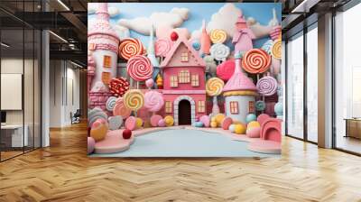 A small town made of candy and sweets. Backdrop for children's parties Wall mural